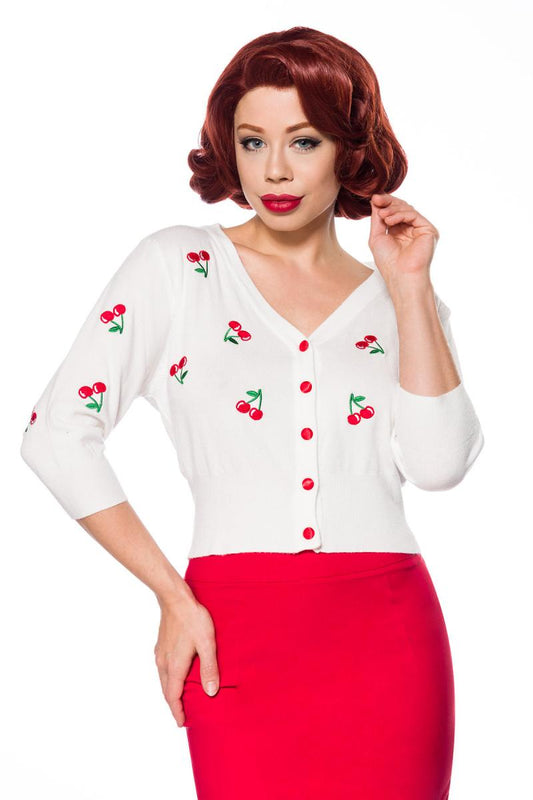 Cardigan Bianco con Ciliegie Ricamate - Stile Pin-up Anni '50