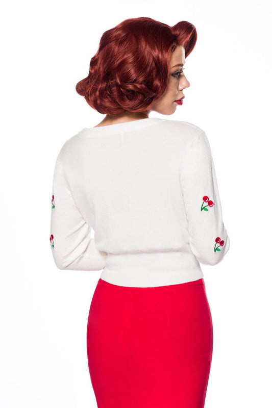 Cardigan Bianco con Ciliegie Ricamate - Stile Pin-up Anni '50
