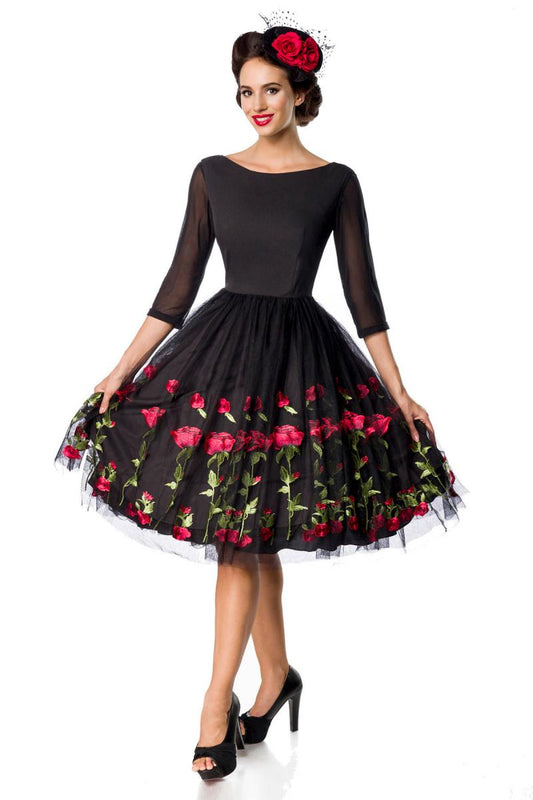 Abito Swing con Ricamo di Rose