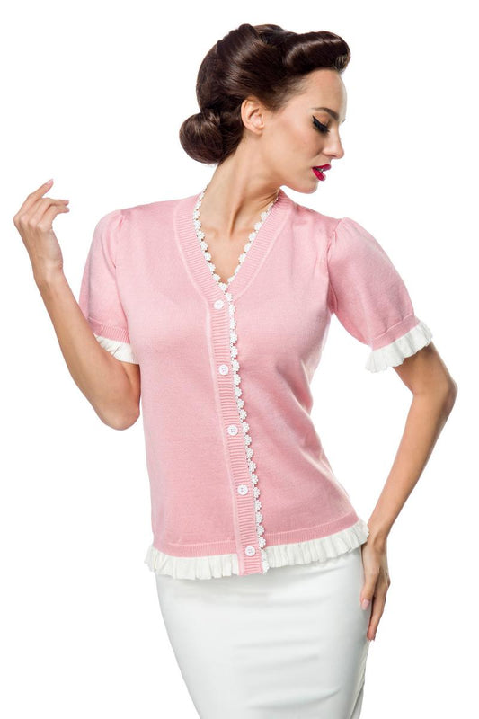 Cardigan Rosa Vintage con Dettagli in Pizzo - Stile Retrò Anni '50