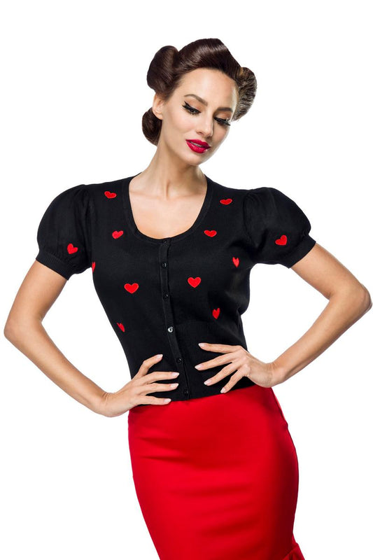 Cardigan Nero con Cuori Rossi - Stile Pin-up Anni '50