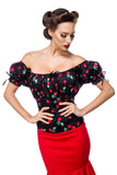 Top Pin-Up con Stampa Ciliegie e Scollo Bardot